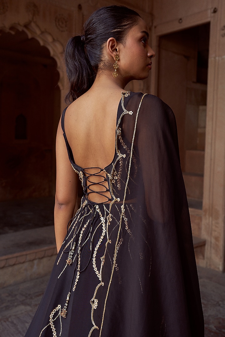 Black Silk Hand Embroidered Kalidar Wedding Lehenga Set by SONAL PASRIJA at Pernia's Pop Up Shop
