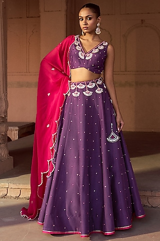 Purple Silk Hand Embroidered Kalidar Lehenga Set by SONAL PASRIJA