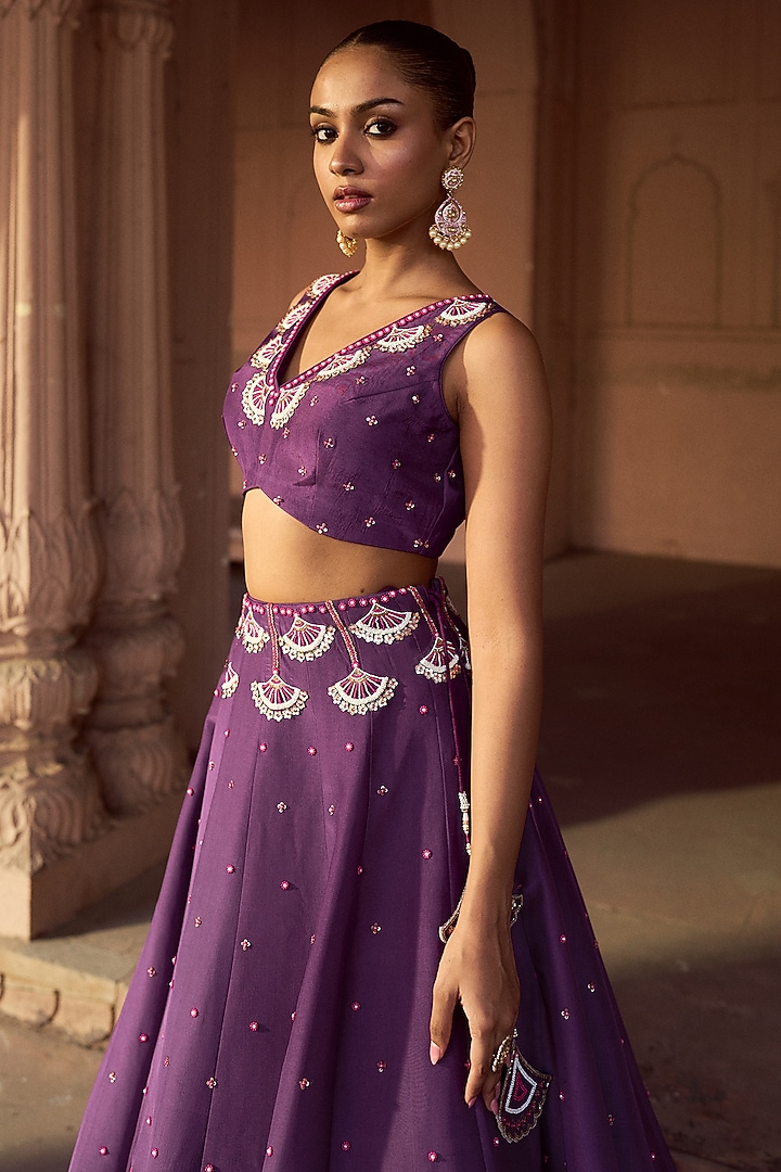 Purple Silk Hand Embroidered Kalidar Wedding Lehenga Set by SONAL PASRIJA at Pernia's Pop Up Shop