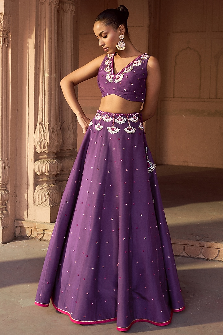 Purple Silk Hand Embroidered Kalidar Wedding Lehenga Set by SONAL PASRIJA at Pernia's Pop Up Shop