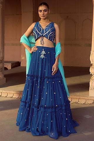 Indigo Blue Silk & Georgette Layered Lehenga Set by SONAL PASRIJA