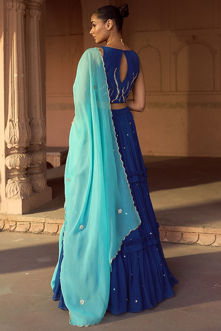 Indigo Blue Silk & Georgette Layered Wedding Lehenga Set by SONAL PASRIJA at Pernia's Pop Up Shop