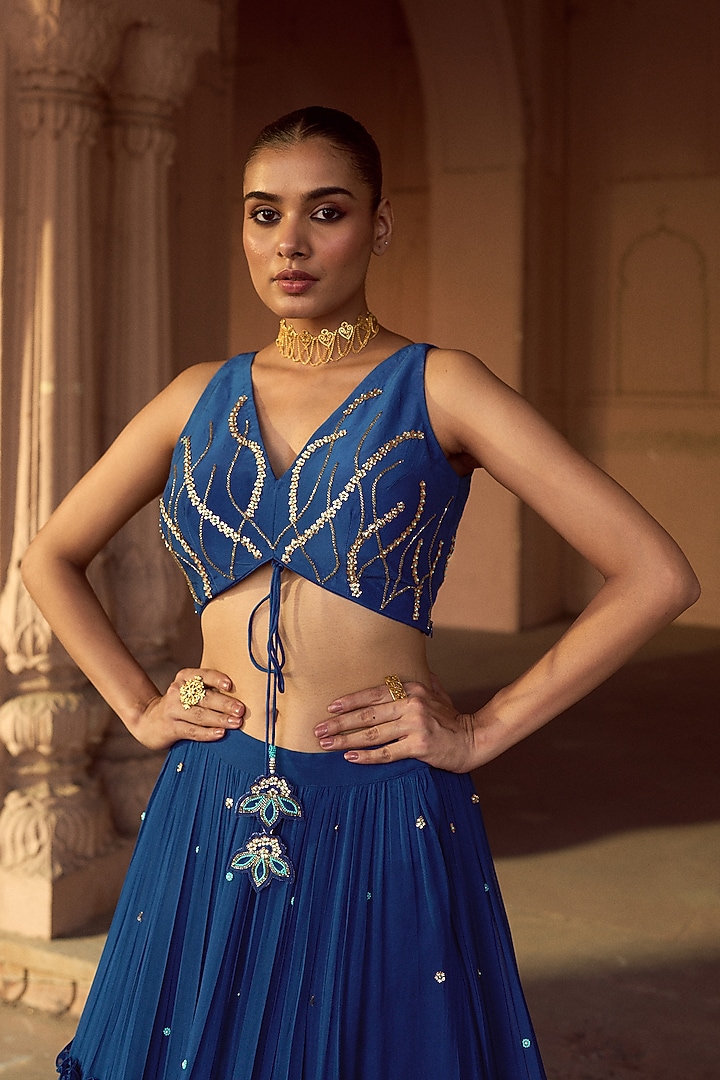 Indigo Blue Silk & Georgette Layered Wedding Lehenga Set by SONAL PASRIJA at Pernia's Pop Up Shop
