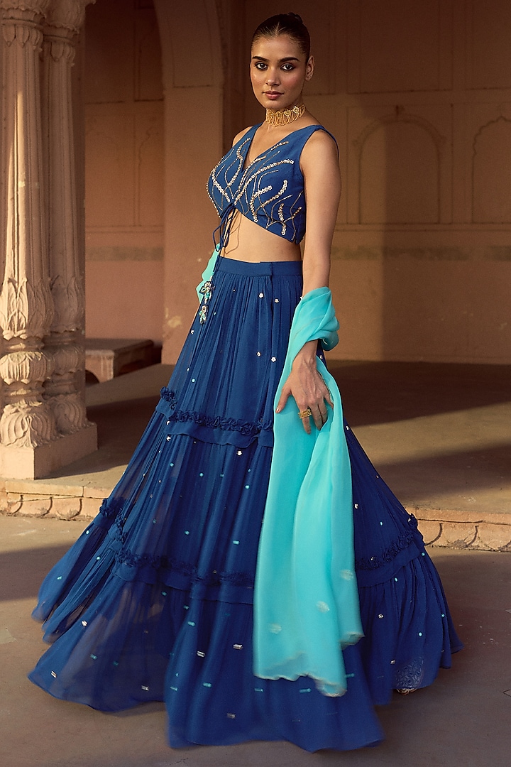 Indigo Blue Silk & Georgette Layered Wedding Lehenga Set by SONAL PASRIJA at Pernia's Pop Up Shop