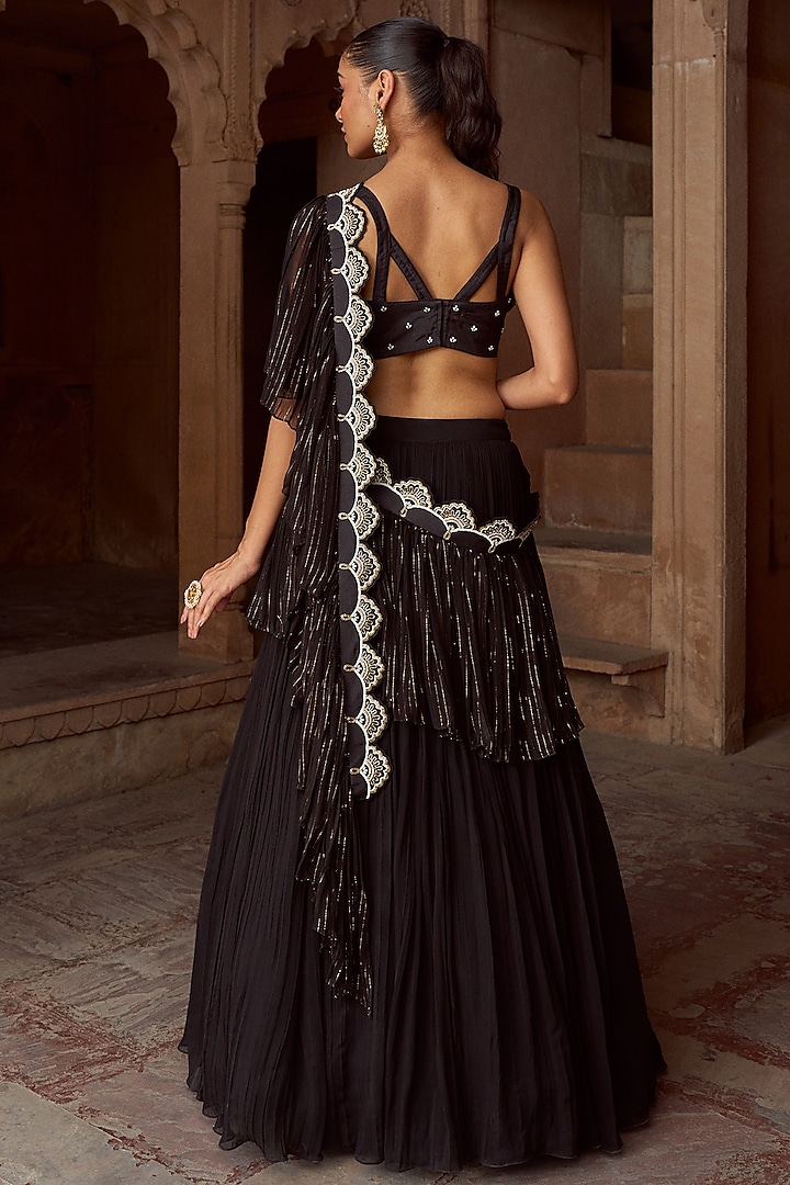 Black Silk & Georgette Gathered Wedding Lehenga Set by SONAL PASRIJA at Pernia's Pop Up Shop