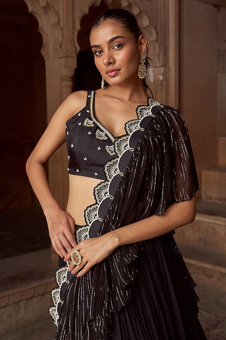 Black Silk & Georgette Gathered Wedding Lehenga Set by SONAL PASRIJA at Pernia's Pop Up Shop