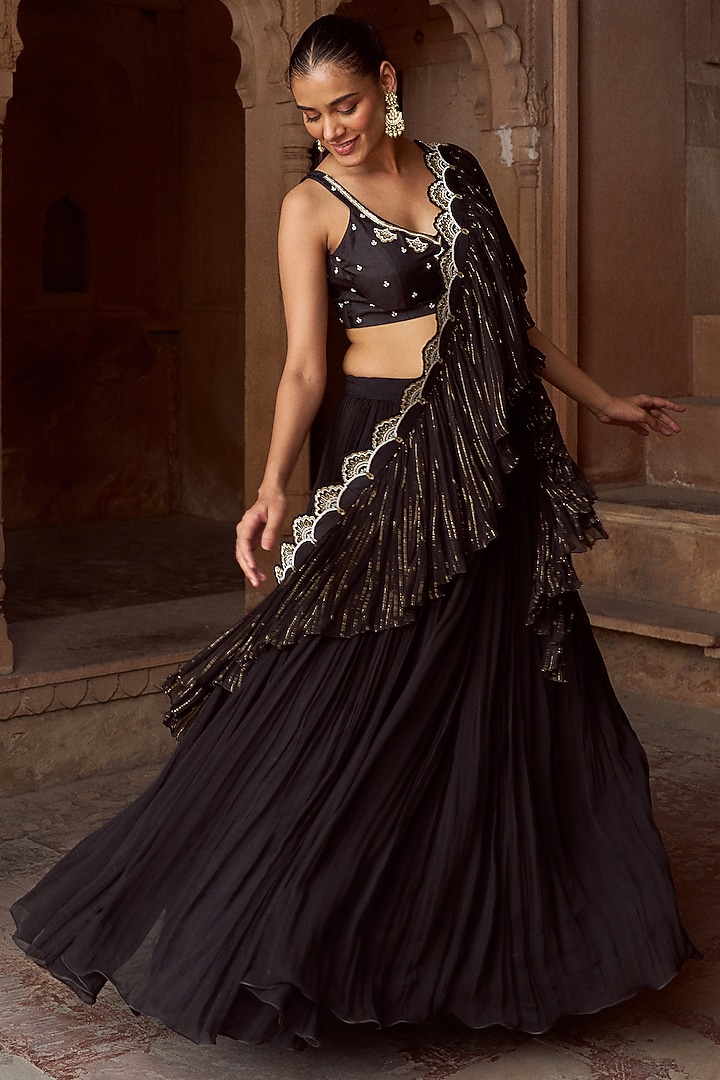 Black Silk & Georgette Gathered Wedding Lehenga Set by SONAL PASRIJA at Pernia's Pop Up Shop