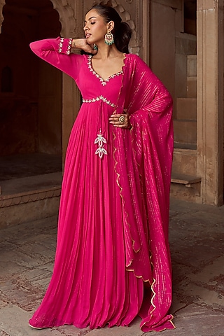 Fuchsia Pink Georgette & Lurex Georgette Hand Embroidered Gathered Anarkali Set by SONAL PASRIJA