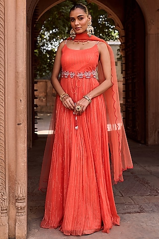 Orange Net & Lurex Georgette Hand Embroidered Gathered Anarkali Set by SONAL PASRIJA