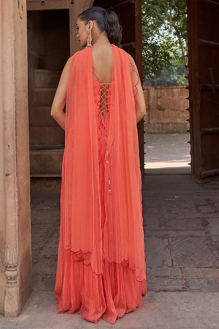 Orange Net & Lurex Georgette Hand Embroidered Gathered Party Wear Anarkali Set by SONAL PASRIJA at Pernia's Pop Up Shop