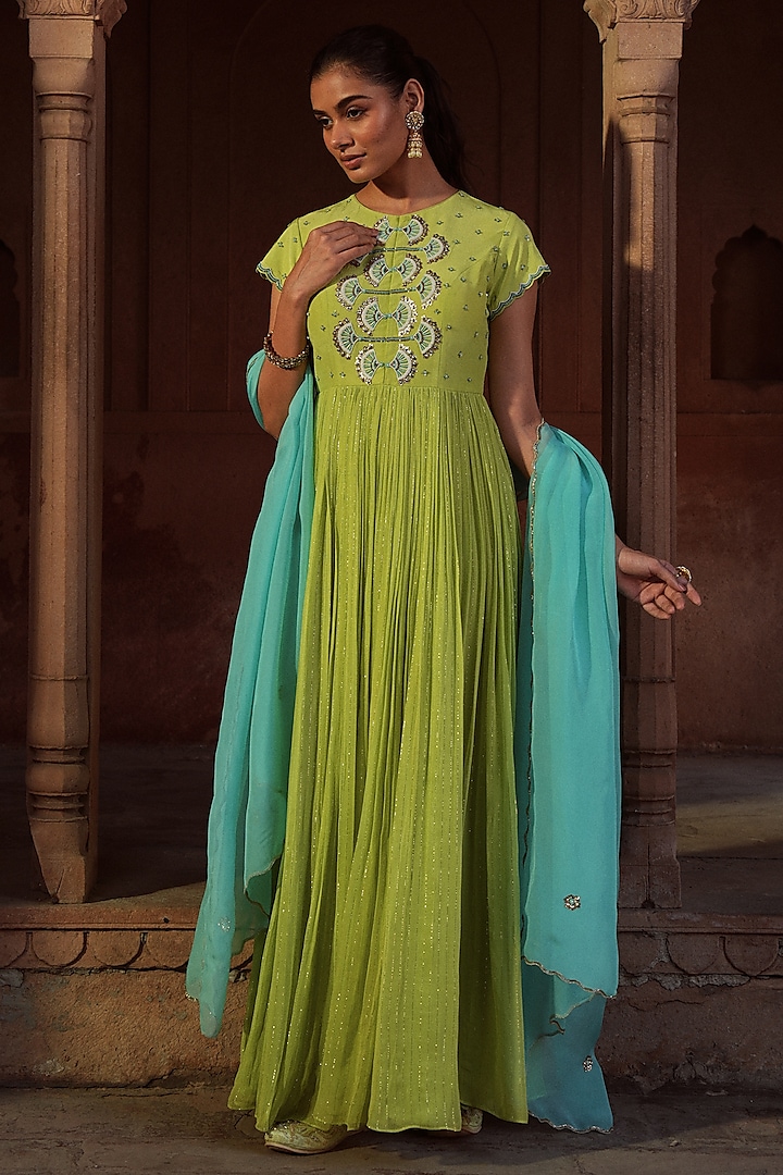 Green Silk & Lurex Georgette Embroidered Gathered Anarkali Set by SONAL PASRIJA
