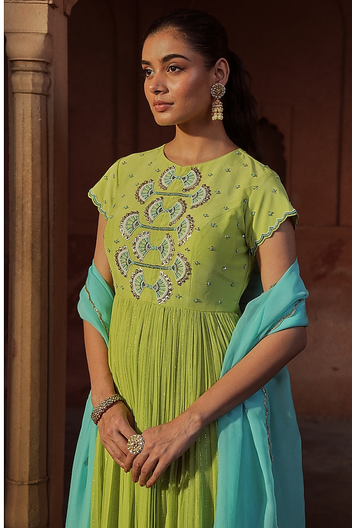 Green Silk & Lurex Georgette Embroidered Gathered Party Wear Anarkali Set by SONAL PASRIJA at Pernia's Pop Up Shop