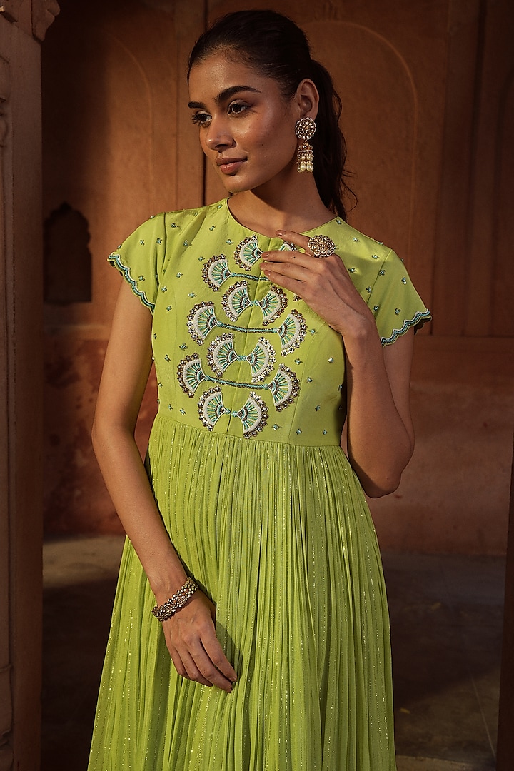 Green Silk & Lurex Georgette Embroidered Gathered Party Wear Anarkali Set by SONAL PASRIJA at Pernia's Pop Up Shop