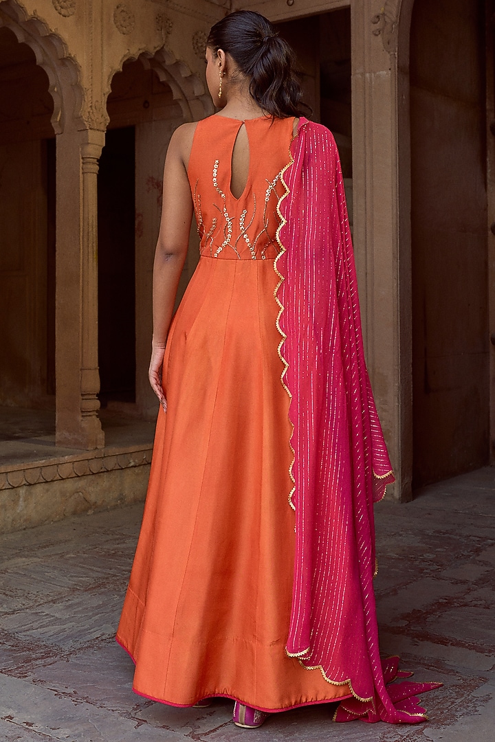 Orange Silk & Lurex Georgette Dori Embroidered Kalidar Party Wear Anarkali Set by SONAL PASRIJA at Pernia's Pop Up Shop