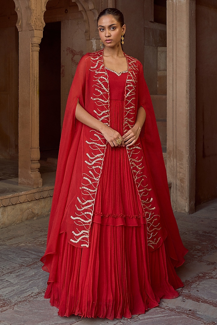Red Georgette & Organza Embellished Anarkali Set by SONAL PASRIJA