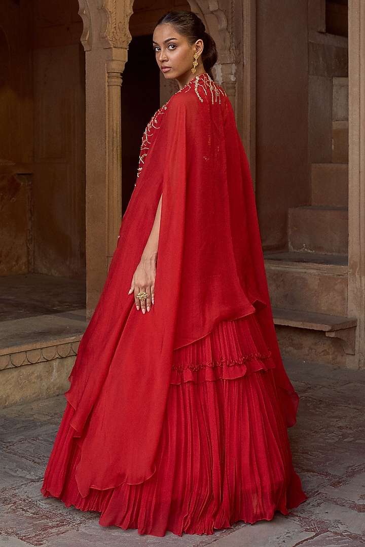 Red Georgette & Organza Embellished Party Wear Anarkali Set by SONAL PASRIJA at Pernia's Pop Up Shop