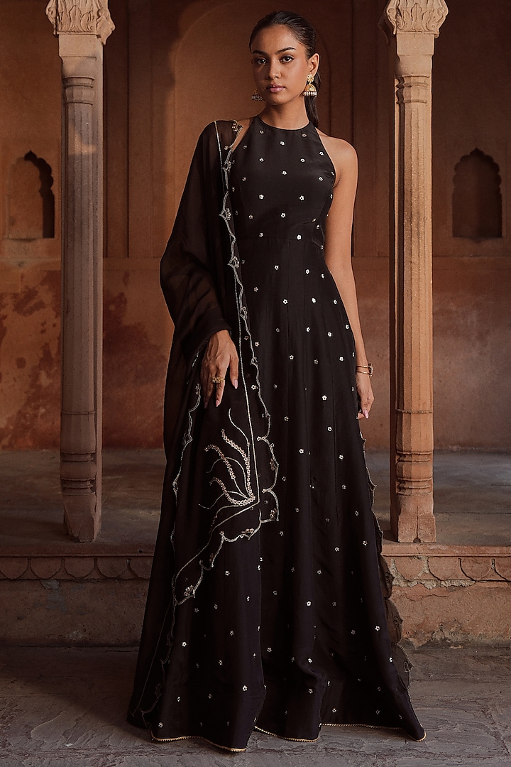 Black Silk Embellished Anarkali Set by SONAL PASRIJA