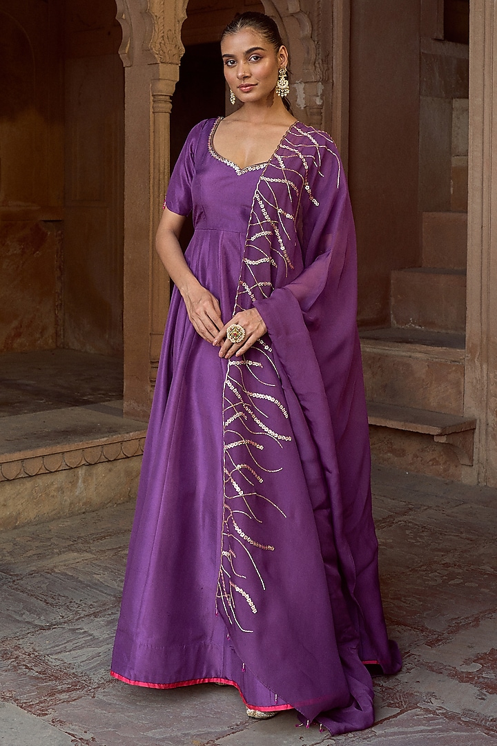 Purple Silk Embellished Kalidar Anarkali Set by SONAL PASRIJA
