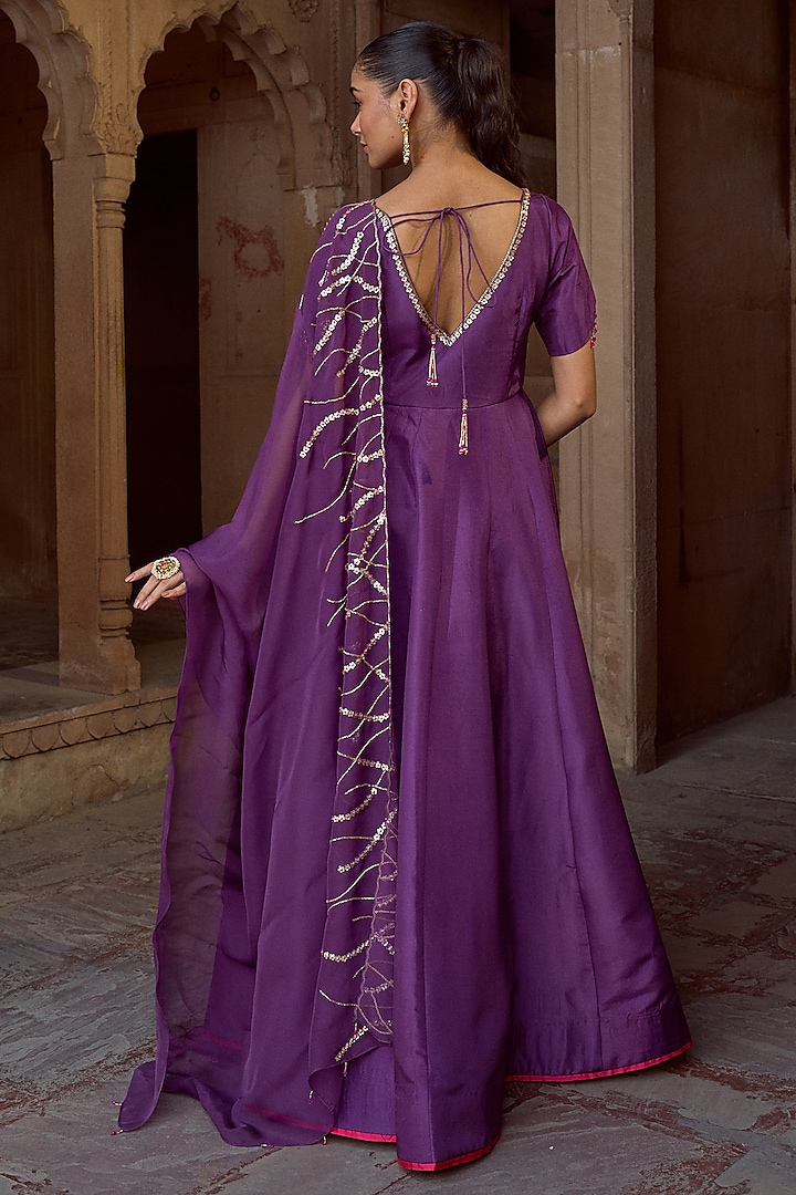 Purple Silk Embellished Kalidar Party Wear Anarkali Set by SONAL PASRIJA at Pernia's Pop Up Shop