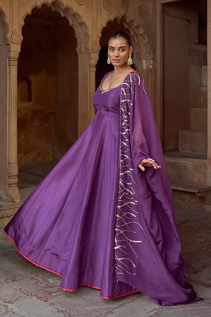 Purple Silk Embellished Kalidar Party Wear Anarkali Set by SONAL PASRIJA at Pernia's Pop Up Shop
