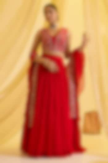 Red Silk & Georgette Gathered Wedding Lehenga Set by SONAL PASRIJA at Pernia's Pop Up Shop