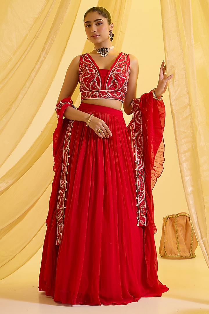 Red Silk & Georgette Gathered Wedding Lehenga Set by SONAL PASRIJA at Pernia's Pop Up Shop