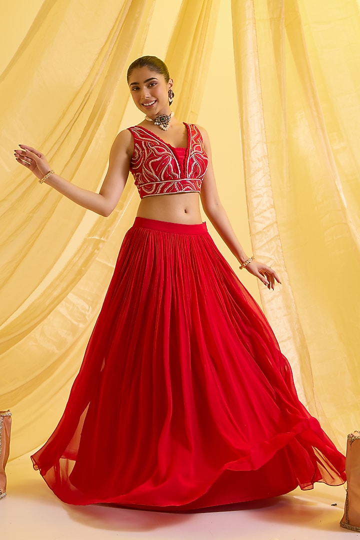 Red Silk & Georgette Gathered Wedding Lehenga Set by SONAL PASRIJA at Pernia's Pop Up Shop