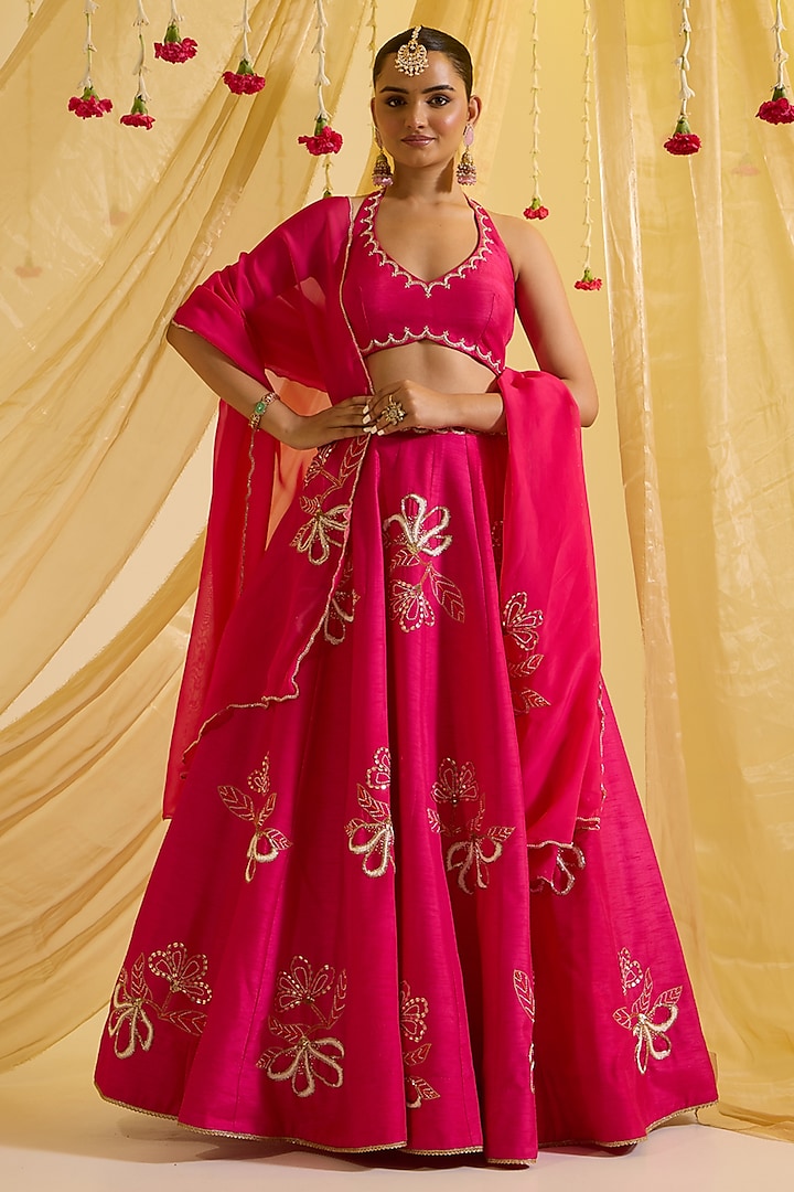 Fuschia Pink Silk & Organza Embroidered Kalidar Wedding Lehenga Set by SONAL PASRIJA at Pernia's Pop Up Shop