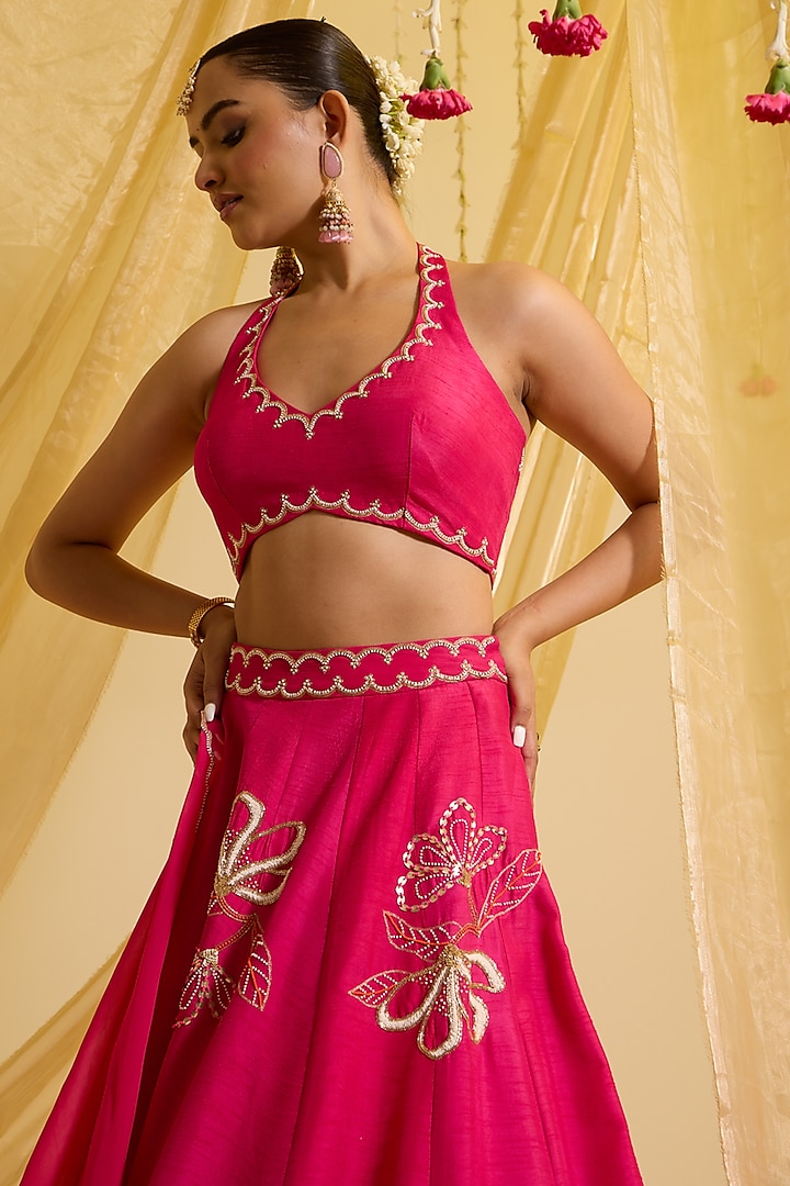 Fuschia Pink Silk & Organza Embroidered Kalidar Wedding Lehenga Set by SONAL PASRIJA at Pernia's Pop Up Shop