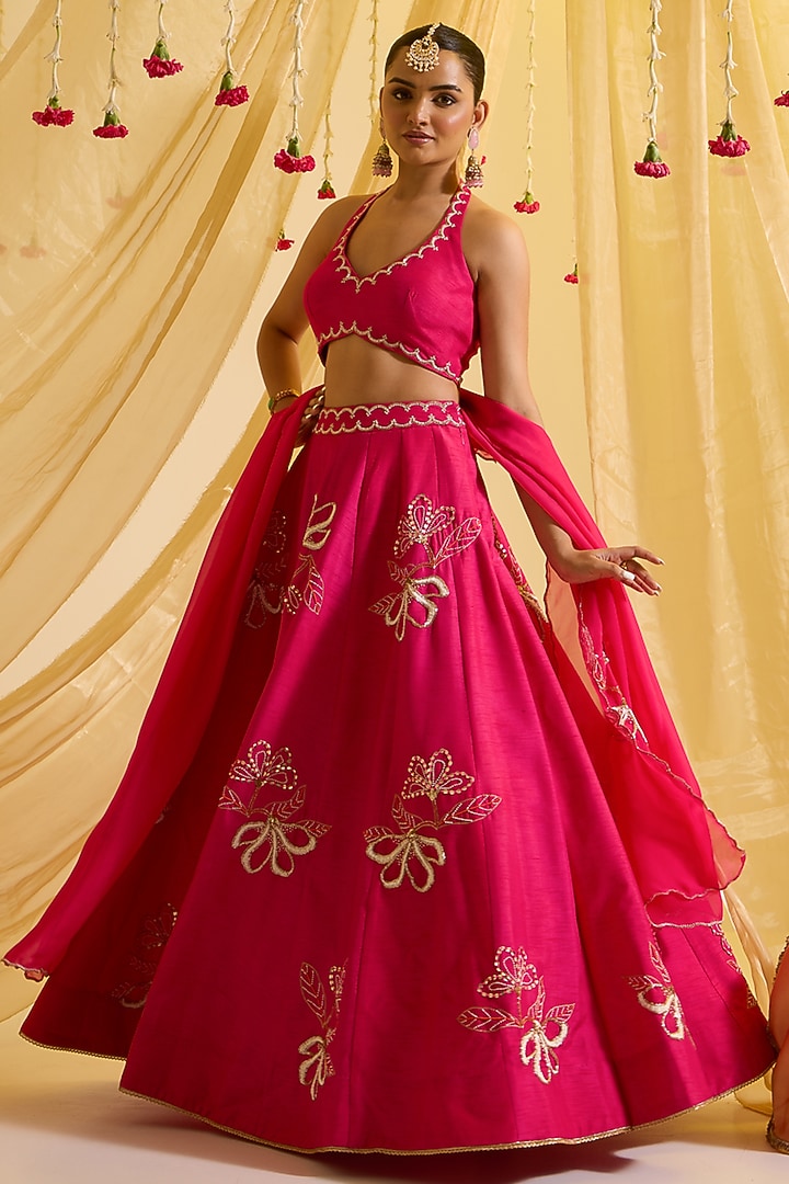 Fuschia Pink Silk & Organza Embroidered Kalidar Wedding Lehenga Set by SONAL PASRIJA at Pernia's Pop Up Shop