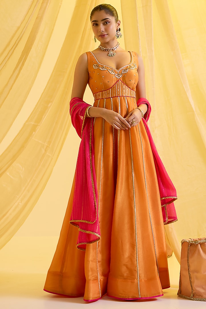 Orange Silk Tissue & Lurex Hand Embroidered Kalidar Anarkali Set by SONAL PASRIJA at Pernia's Pop Up Shop