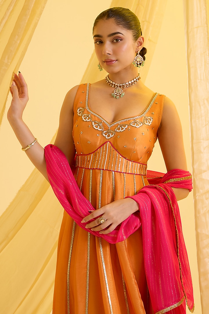 Orange Silk Tissue & Lurex Hand Embroidered Kalidar Party Wear Anarkali Set by SONAL PASRIJA at Pernia's Pop Up Shop