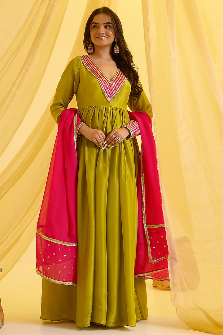 Lime Green Silk Tissue Embroidered Anarkali Set by SONAL PASRIJA at Pernia's Pop Up Shop