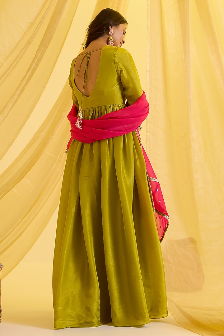 Lime Green Silk Tissue Embroidered Party Wear Anarkali Set by SONAL PASRIJA at Pernia's Pop Up Shop