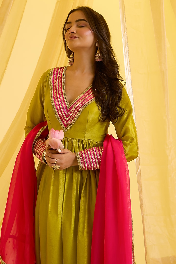 Lime Green Silk Tissue Embroidered Party Wear Anarkali Set by SONAL PASRIJA at Pernia's Pop Up Shop
