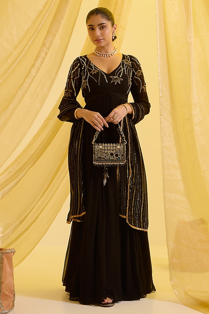 Black Georgette & Lurex Hand Embroidered Anarkali Set by SONAL PASRIJA at Pernia's Pop Up Shop