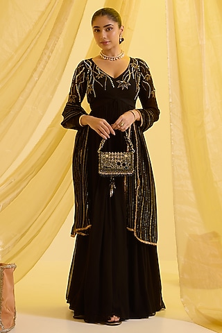 Black Georgette & Lurex Hand Embroidered Anarkali Set by SONAL PASRIJA