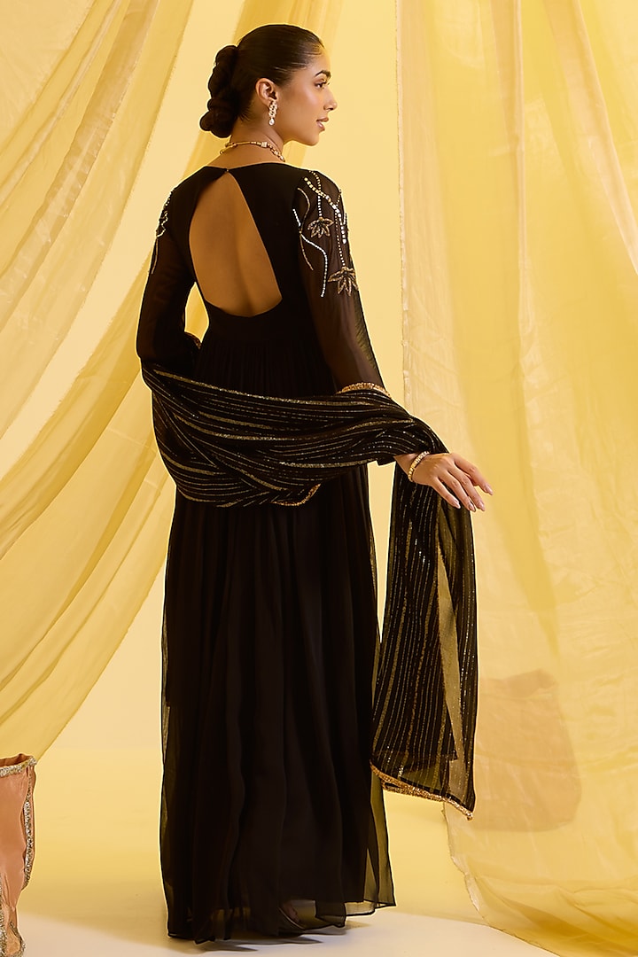 Black Georgette & Lurex Hand Embroidered Party Wear Anarkali Set by SONAL PASRIJA at Pernia's Pop Up Shop