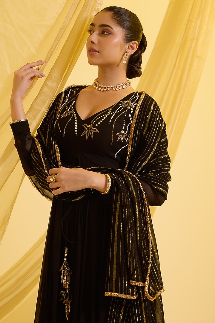 Black Georgette & Lurex Hand Embroidered Party Wear Anarkali Set by SONAL PASRIJA at Pernia's Pop Up Shop