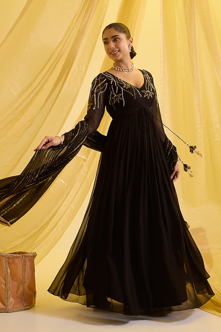 Black Georgette & Lurex Hand Embroidered Party Wear Anarkali Set by SONAL PASRIJA at Pernia's Pop Up Shop
