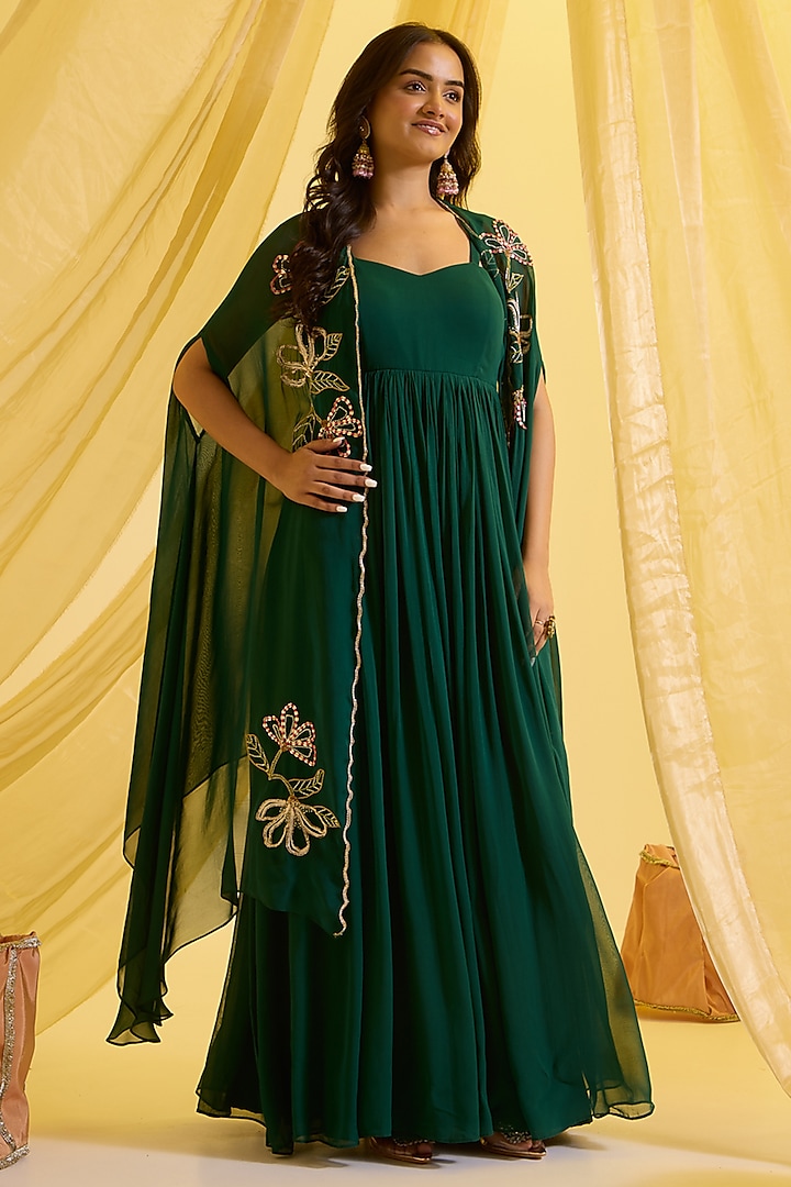 Bottle Green Georgette & Organza Anarkali Set by SONAL PASRIJA at Pernia's Pop Up Shop