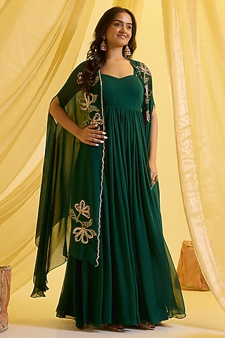 Bottle Green Georgette & Organza Anarkali Set by SONAL PASRIJA