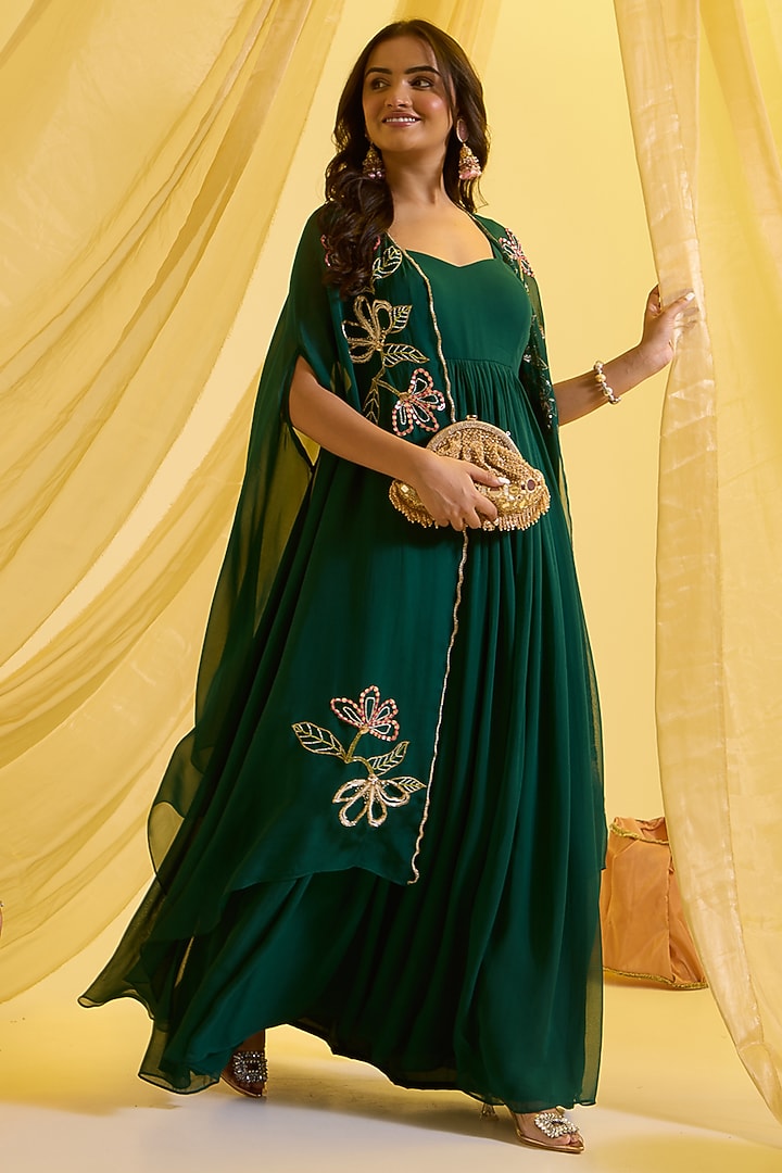 Bottle Green Georgette & Organza Party Wear Anarkali Set by SONAL PASRIJA at Pernia's Pop Up Shop