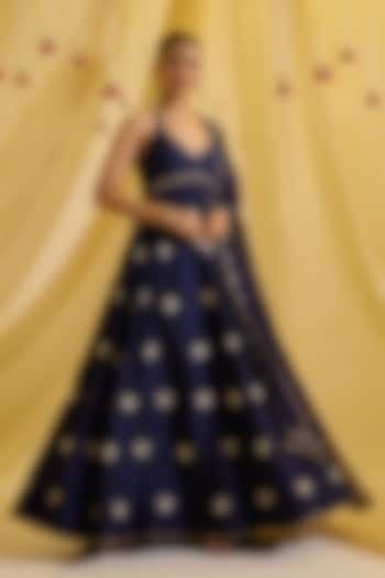 Navy Blue Silk & Organza Hand Embroidered Anarkali Set by SONAL PASRIJA at Pernia's Pop Up Shop