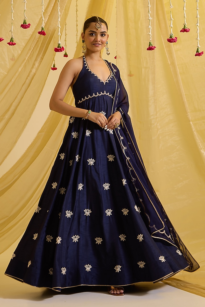 Navy Blue Silk & Organza Hand Embroidered Anarkali Set by SONAL PASRIJA at Pernia's Pop Up Shop