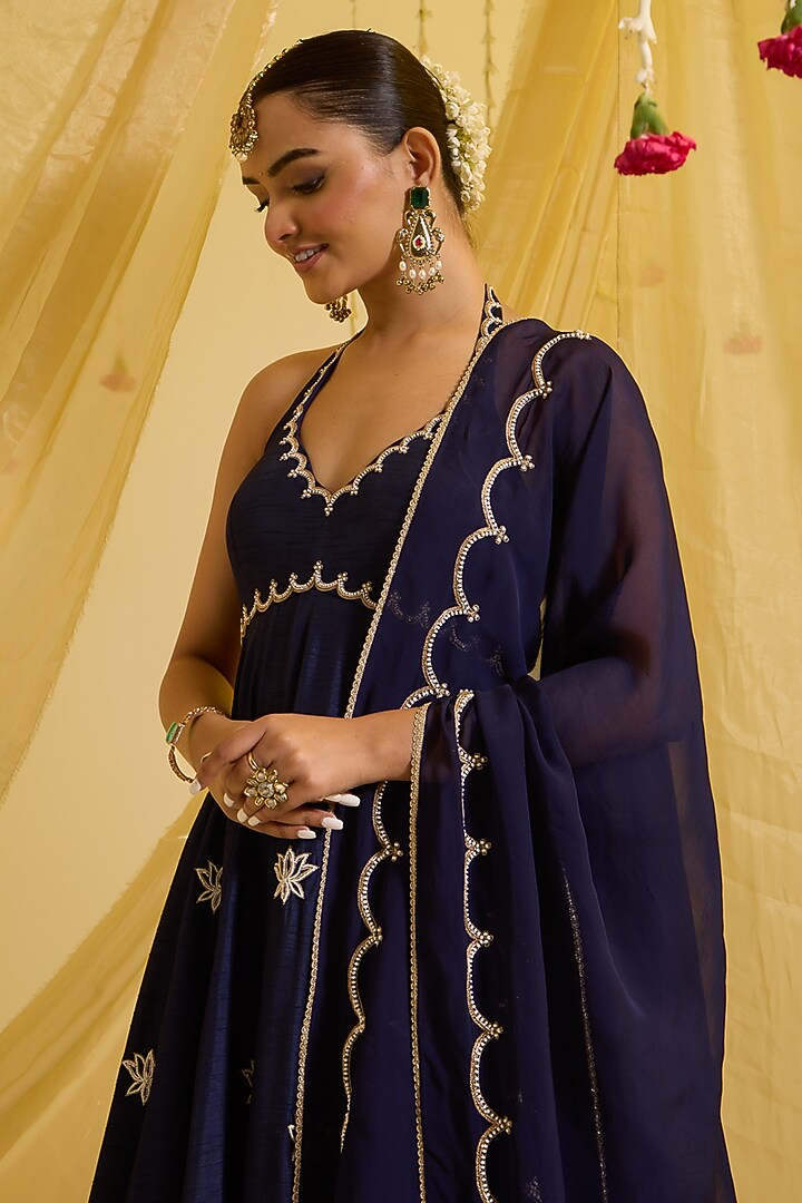 Navy Blue Silk & Organza Hand Embroidered Wedding Anarkali Set by SONAL PASRIJA at Pernia's Pop Up Shop