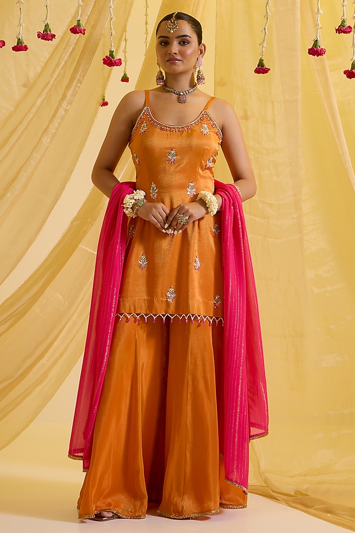 Orange Silk Tissue & Lurex Sharara Set by SONAL PASRIJA at Pernia's Pop Up Shop