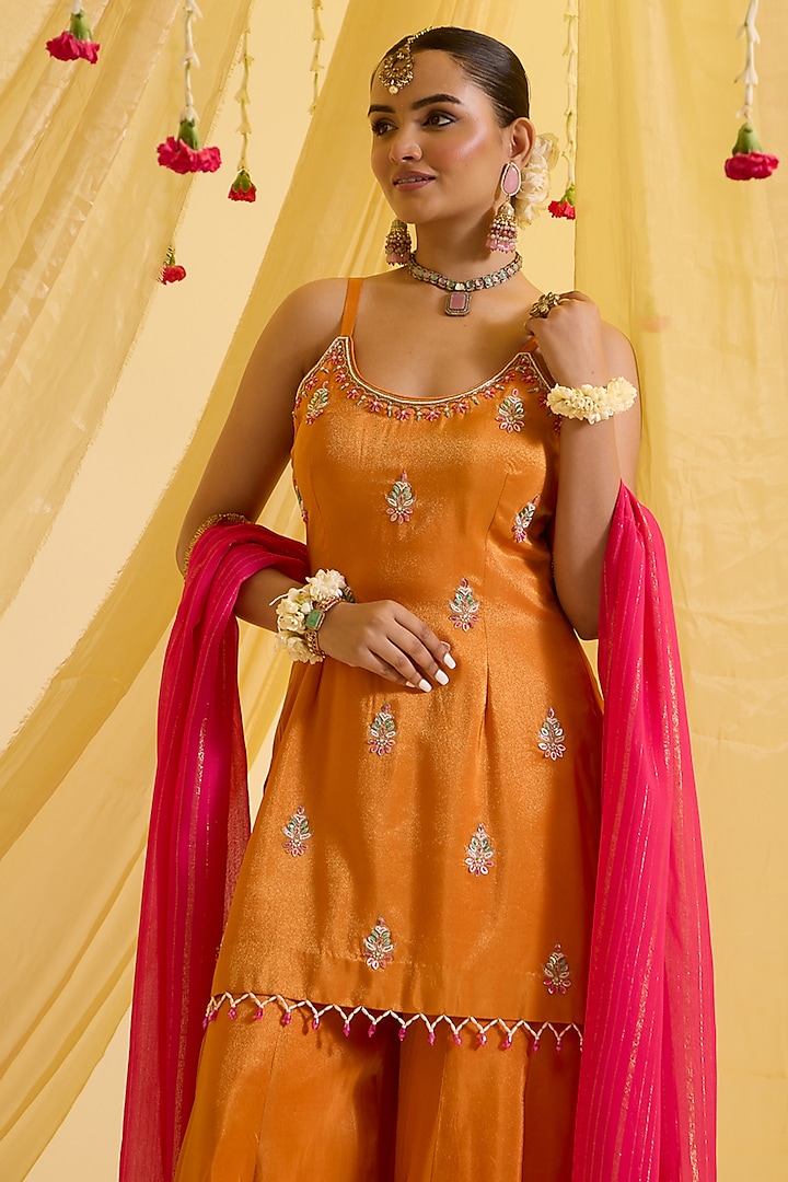 Orange Silk Tissue & Lurex Party Wear Sharara Set by SONAL PASRIJA at Pernia's Pop Up Shop