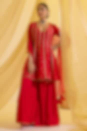 Red Silk & Net Sharara Set by SONAL PASRIJA at Pernia's Pop Up Shop