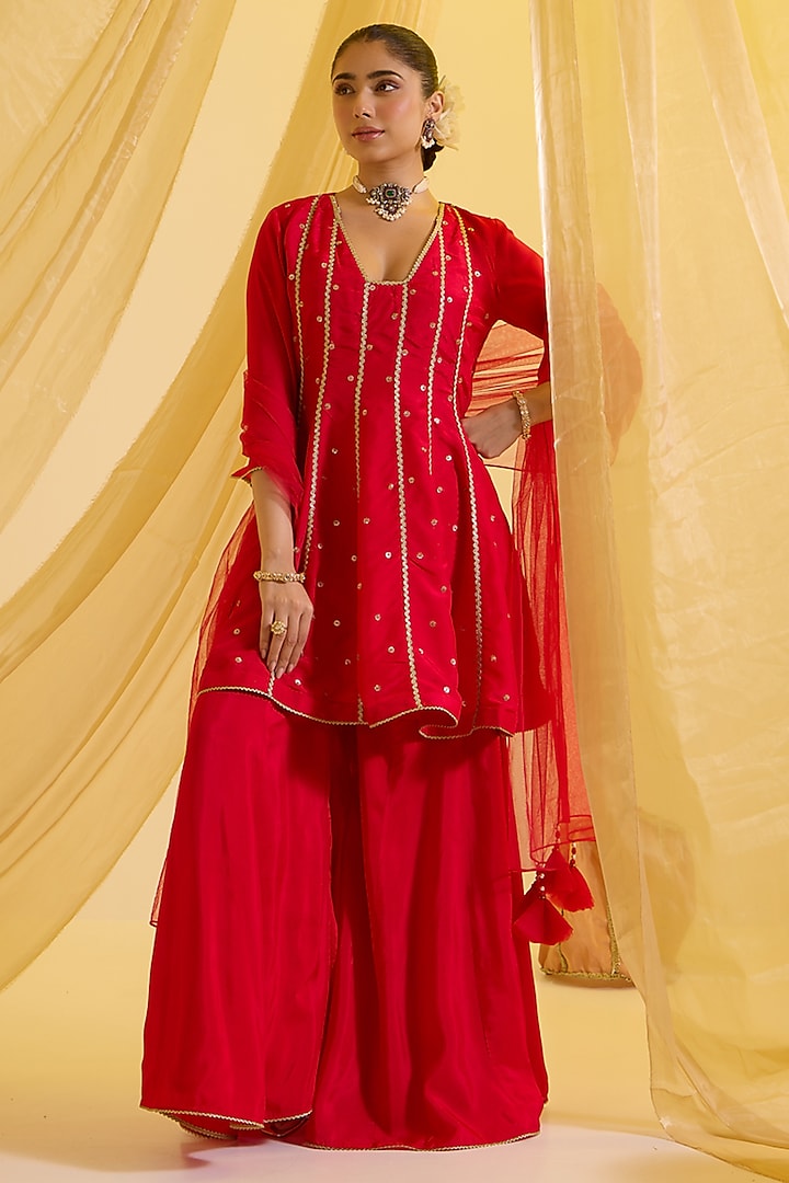 Red Silk & Net Sharara Set by SONAL PASRIJA at Pernia's Pop Up Shop